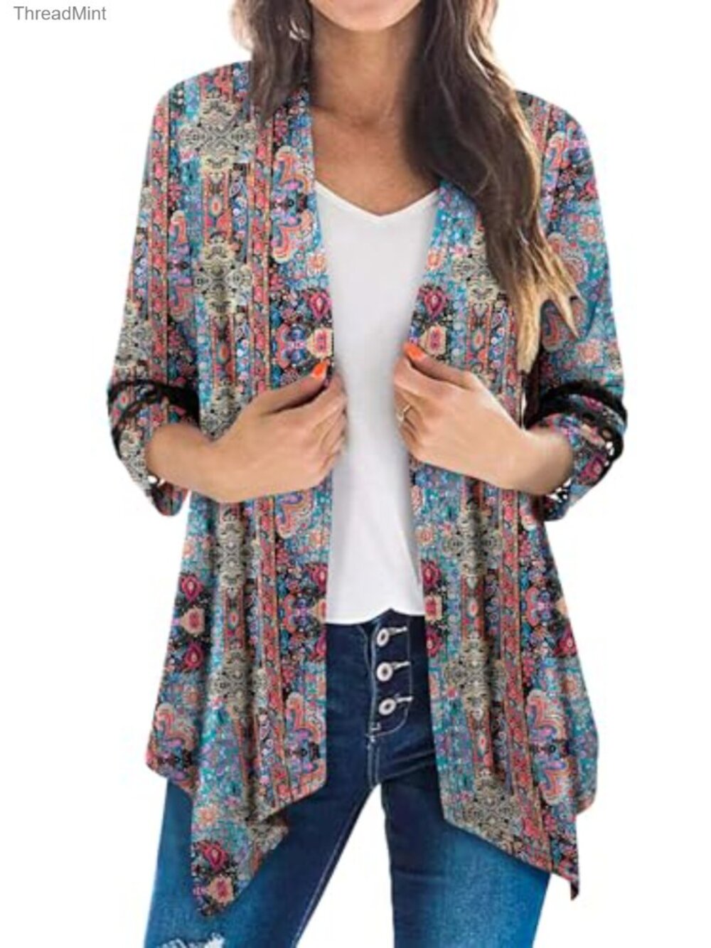 Womens Open Front Cardigan 3/4 Sleeve Lightweight Cover Up Casual